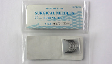 Veterinary SS Surgical Needles, Spring Eye, Reverse, 1/2 Circle, 30mm, 12 Pack