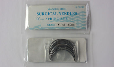 Veterinary SS Surgical Needles, Spring Eye, Reverse, 1/2 Circle, 60mm, 12 Pack