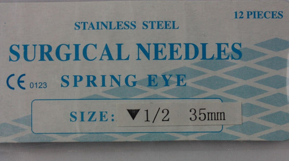 Veterinary SS Surgical Needles, Spring Eye, Reverse, 1/2 Circle, 35mm, 12 Pack